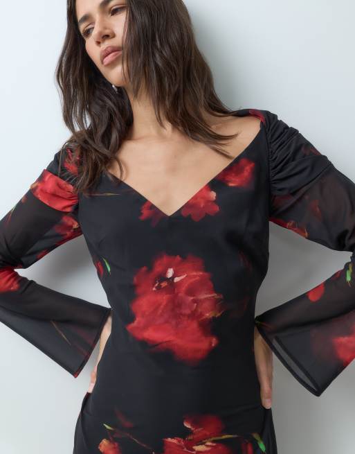 ASOS DESIGN chiffon long sleeve off shoulder maxi dress in black based floral, 2 of 5