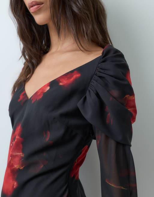 ASOS DESIGN chiffon long sleeve off shoulder maxi dress in black based floral, 3 of 5