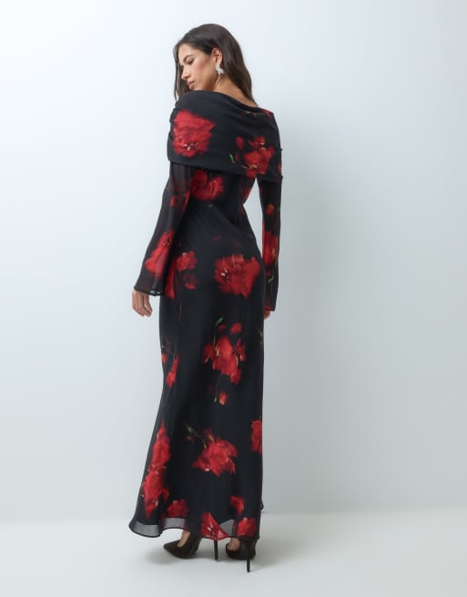 ASOS DESIGN chiffon long sleeve off shoulder maxi dress in black based floral, 5 of 5