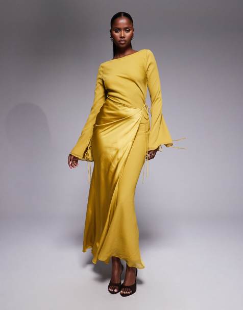 ASOS DESIGN chiffon long sleeved slash neck maxi dress with satin wrap skirt in ochre - view 1