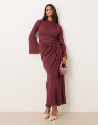 ASOS DESIGN chiffon maxi dress with 3D embroidered flower hip detail in berry-Purple