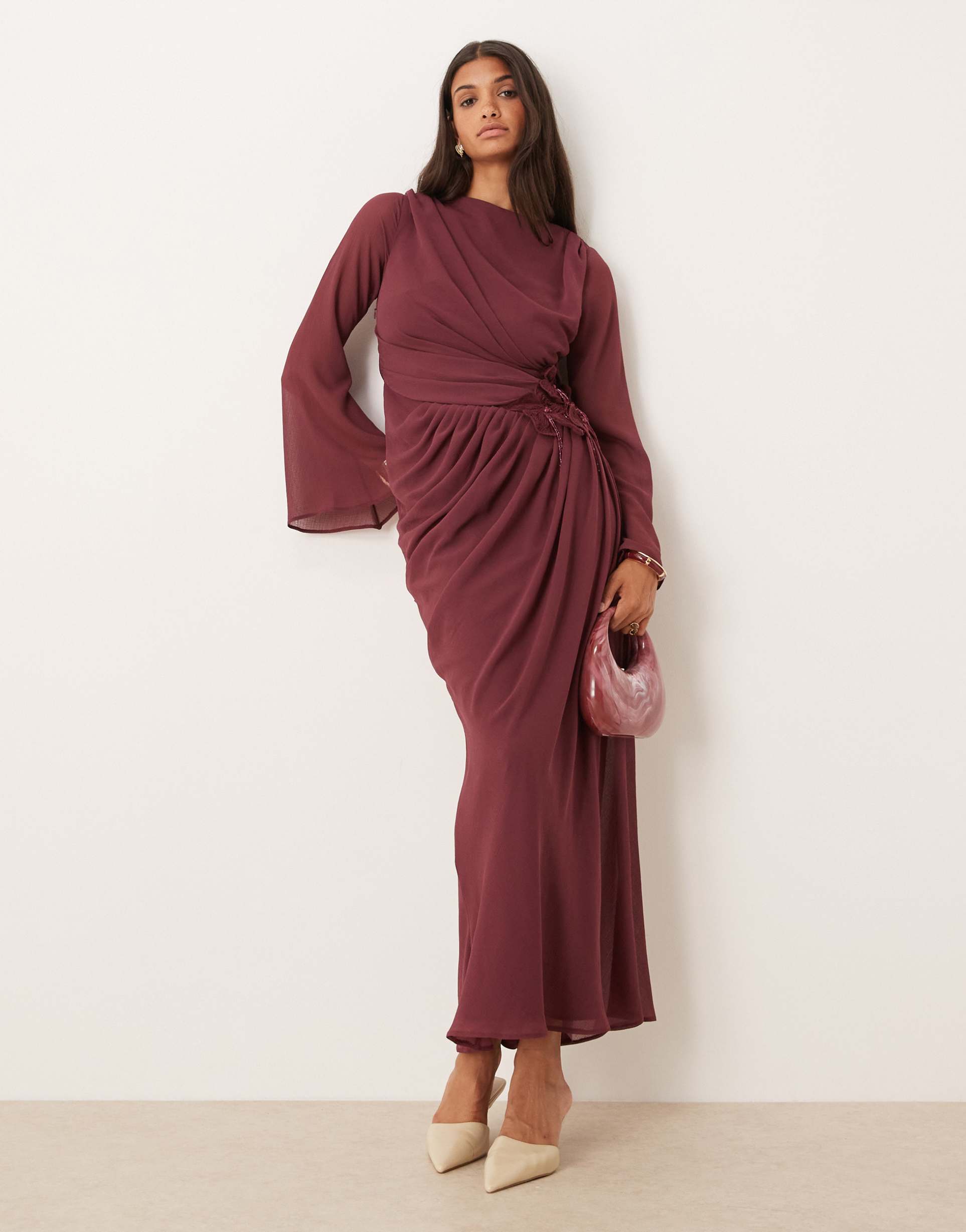 asos design chiffon maxi dress with 3d embroidered flower hip detail in berry