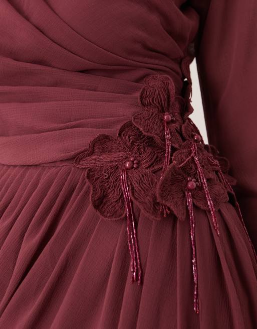 ASOS DESIGN chiffon maxi dress with 3D embroidered flower hip detail in berry