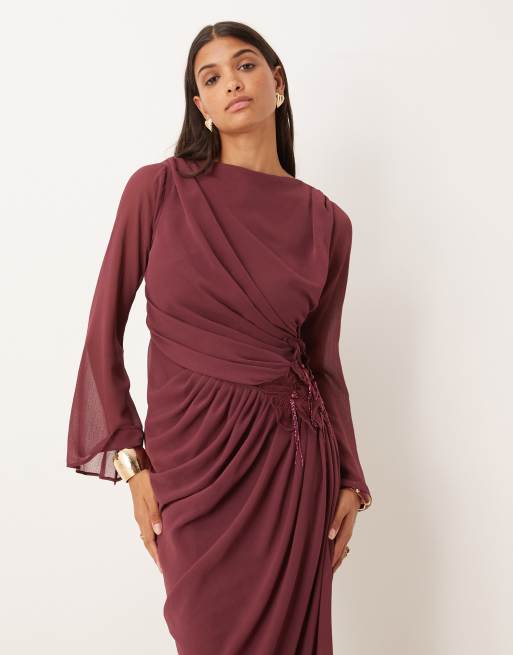 ASOS DESIGN chiffon maxi dress with 3D embroidered flower hip detail in berry
