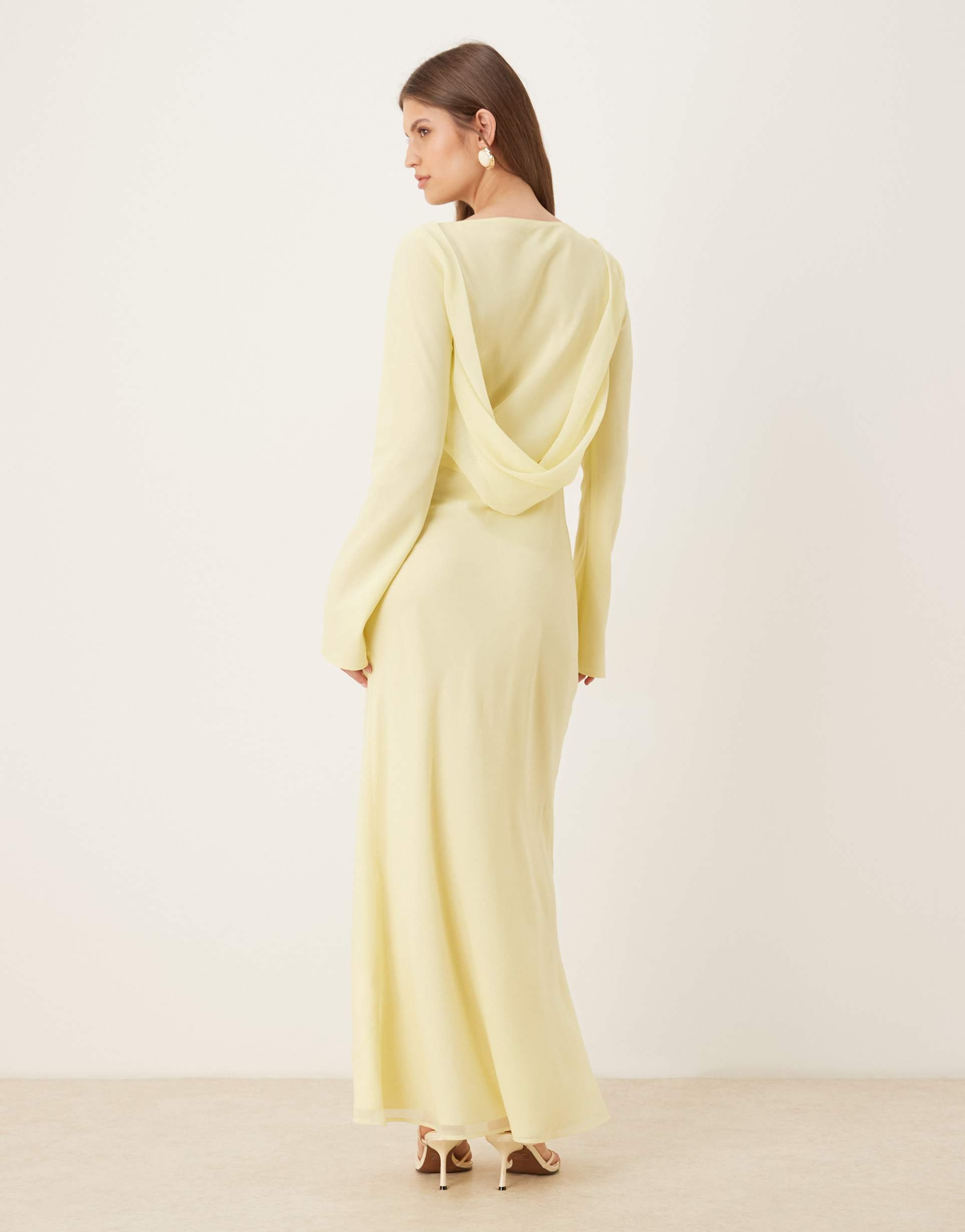 asos design chiffon maxi dress with cowl neck and back detailing in light yellow