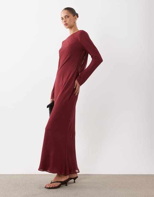 ASOS DESIGN chiffon maxi dress with cowl neck back detail in burgundy, 2 of 4