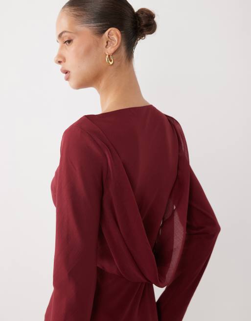 ASOS DESIGN chiffon maxi dress with cowl neck back detail in burgundy, 3 of 4