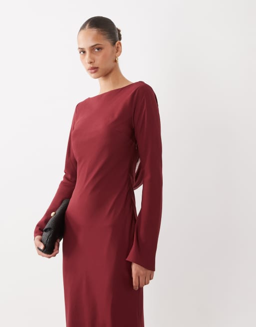 ASOS DESIGN chiffon maxi dress with cowl neck back detail in burgundy, 4 of 4