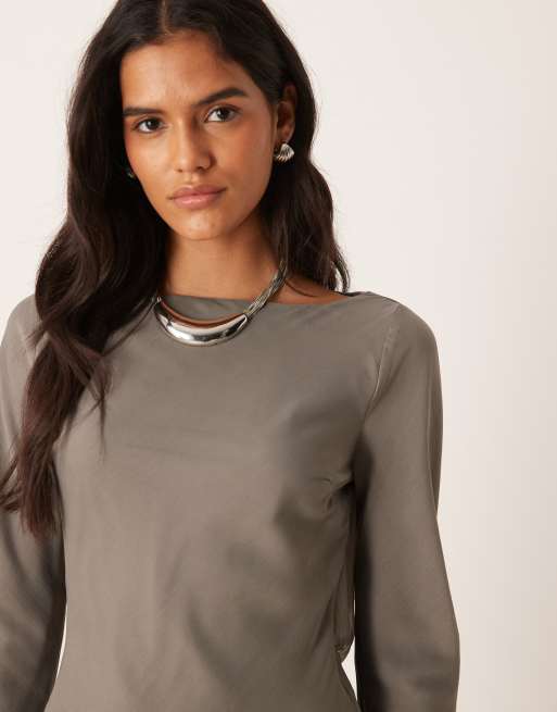 ASOS DESIGN chiffon maxi dress with cowl neck back detail in grey, 3 of 4