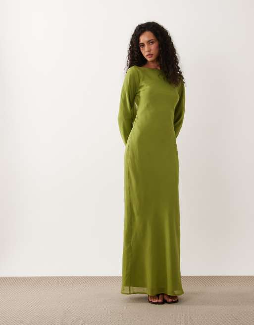 ASOS DESIGN chiffon maxi dress with cowl neck back detail in olive, 2 of 4