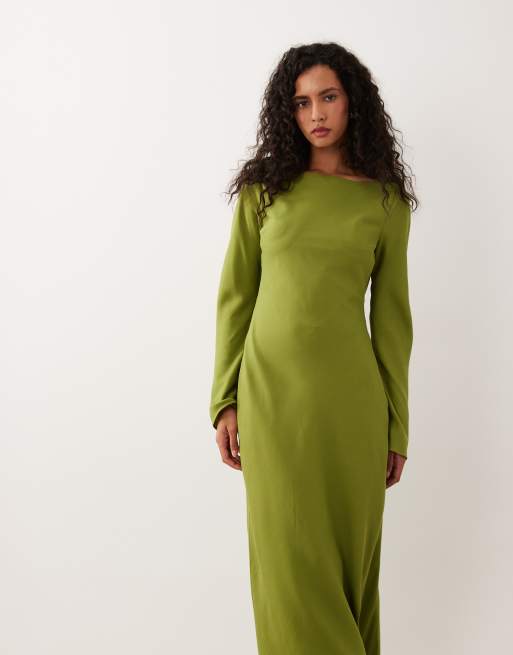 ASOS DESIGN chiffon maxi dress with cowl neck back detail in olive, 3 of 4