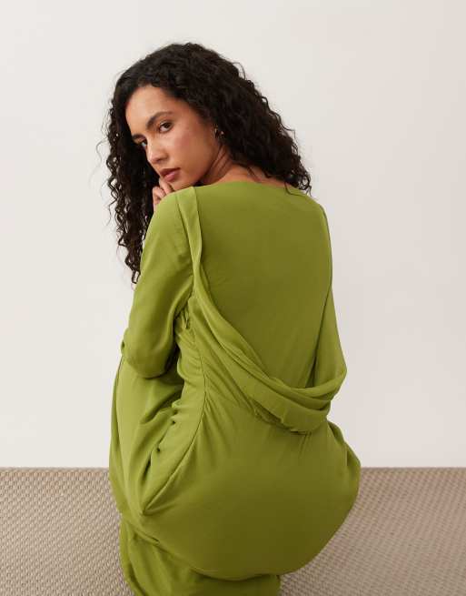 ASOS DESIGN chiffon maxi dress with cowl neck back detail in olive, 4 of 4