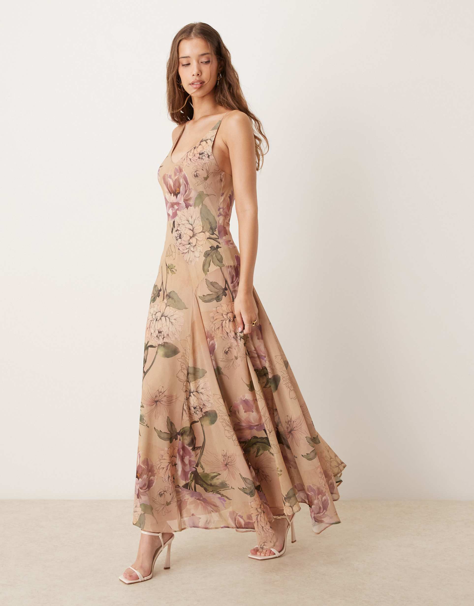 asos design chiffon maxi dress with godets in floral print