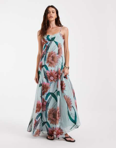 ASOS DESIGN chiffon maxi-jurk met smalle bandjes en diepe godets met rode en blauwe bloemenprint - view 1
