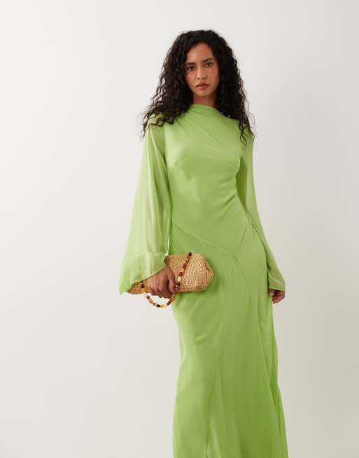 ASOS DESIGN chiffon maxi jurk met splitnek in groen, 4 van 4