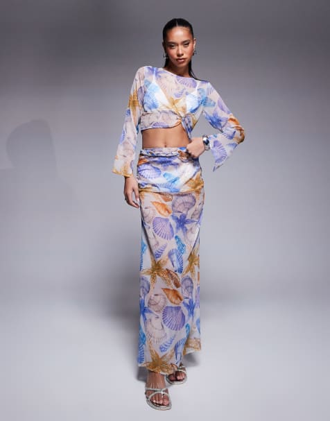 ASOS DESIGN chiffon maxi skirt in shell print - part of a set - view 1