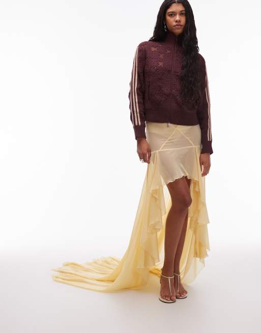 ASOS DESIGN chiffon maxi skirt with ruffles and hi lo hem in buttermilk, 3 of 5