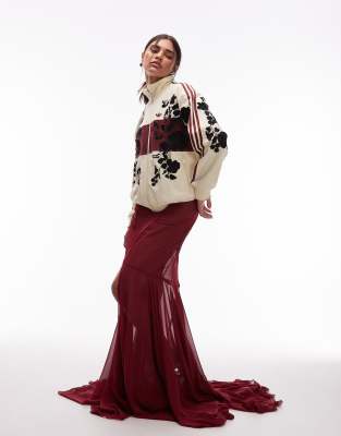 ASOS DESIGN chiffon maxi skirt with train in burgundy-Red