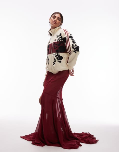 ASOS DESIGN chiffon maxi skirt with train in burgundy - view 1