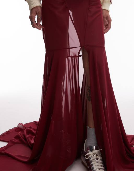 ASOS DESIGN chiffon maxi skirt with train in burgundy