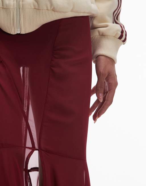 ASOS DESIGN chiffon maxi skirt with train in burgundy
