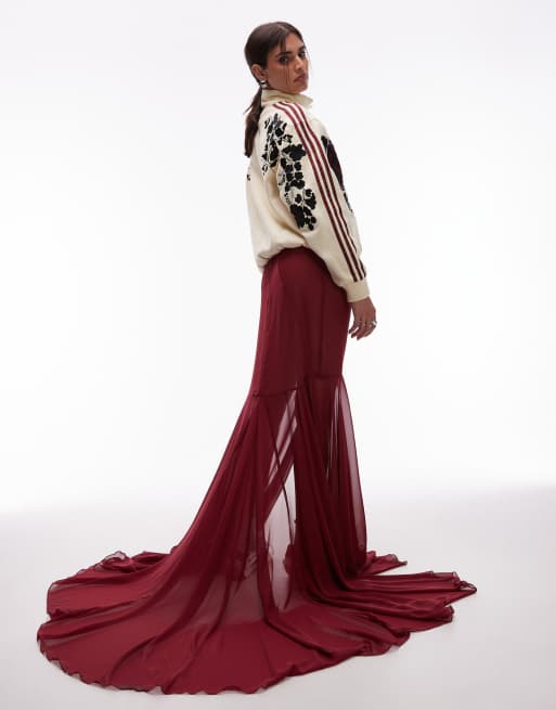 ASOS DESIGN chiffon maxi skirt with train in burgundy