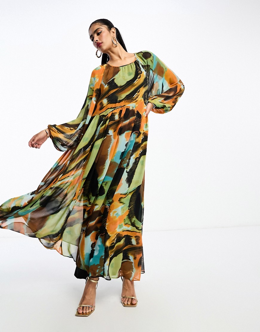 ASOS DESIGN chiffon maxi smock dress with scallop waist in abstract print-Multi
