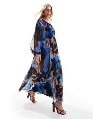 ASOS DESIGN chiffon maxi smock dress with scallop waist in purple abstract print