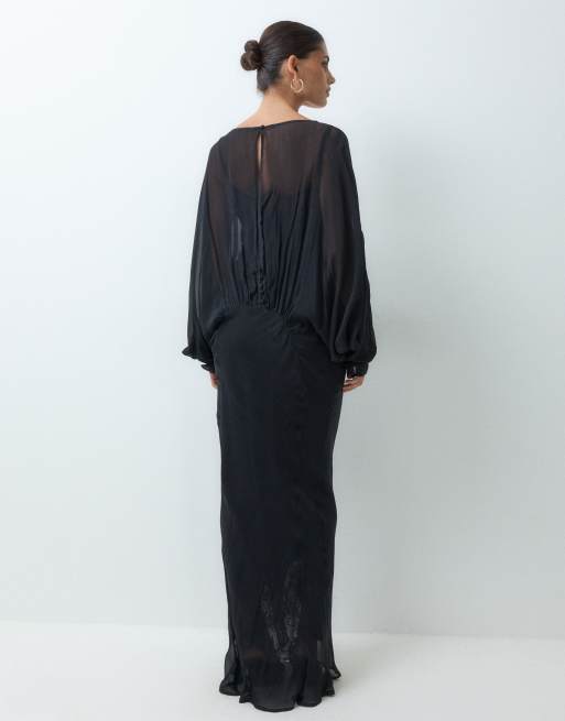 ASOS DESIGN chiffon maxikjole med flagermusærmer og satinpanel i sort, 3 af 5