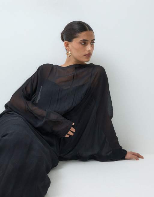 ASOS DESIGN chiffon maxikjole med flagermusærmer og satinpanel i sort, 4 af 5