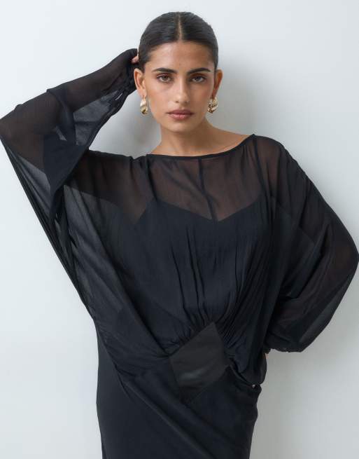 ASOS DESIGN chiffon maxikjole med flagermusærmer og satinpanel i sort, 5 af 5