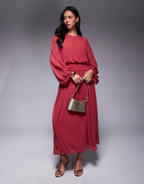 ASOS DESIGN – Chiffon-Maxikleid in dunklem Kirschrot mit gesmokter Taille - view 1