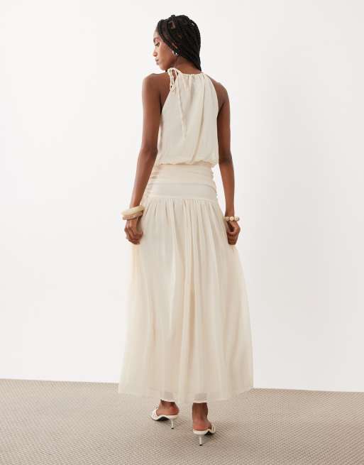 ASOS DESIGN – Chiffon-Maxikleid in Elfenbein mit Neckholder und bauschiger Taille, 4 von 4