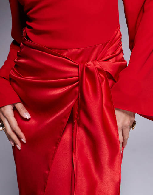 ASOS DESIGN – Chiffon-Maxikleid in Rot mit Blousonärmeln und Satin-Wickelrock, 2 von 4