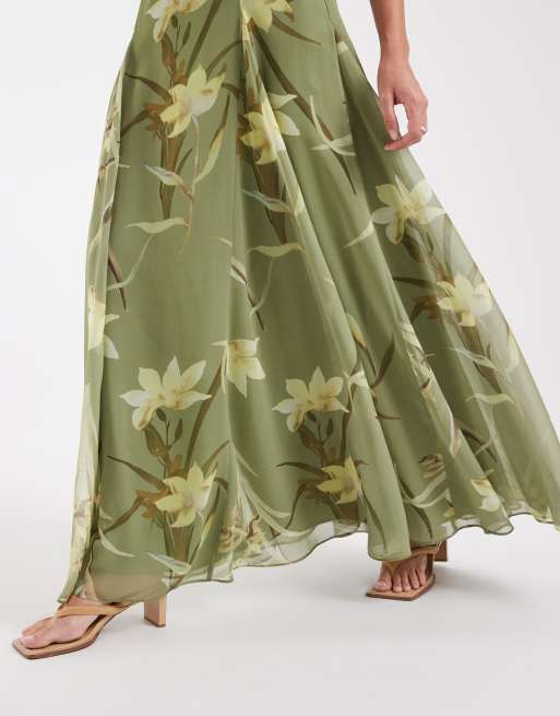 ASOS DESIGN Chiffon-Maxikleid mit Trägern und tiefen Godets in grünem Blumenmuster, 3 von 4