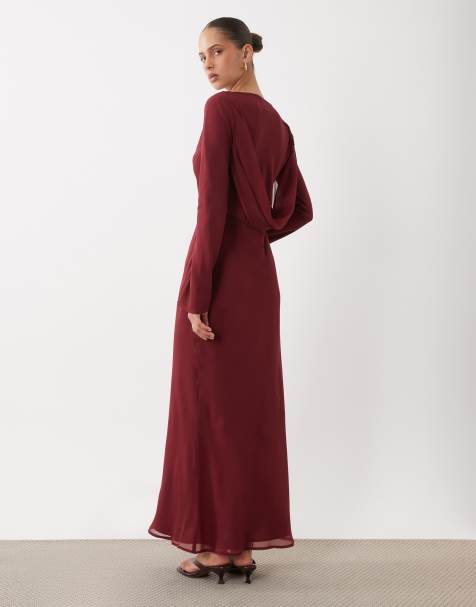 ASOS DESIGN Chiffon-Maxikleid mit Wasserfallausschnitt und Rückendetail in Burgunderrot - view 1