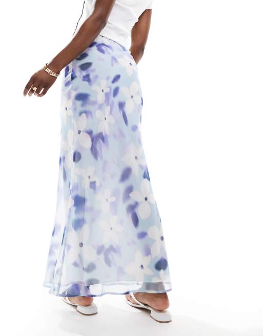 ASOS DESIGN – Chiffon-Maxirock in Blau mit Bias-Cut und Blumenmuster, 2 von 5