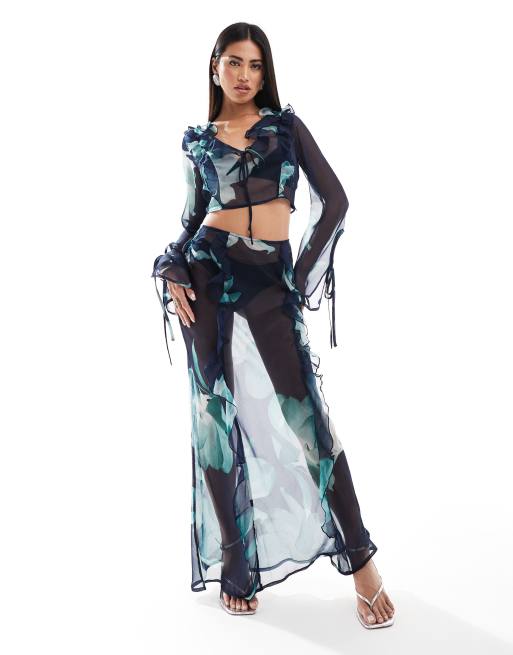 ASOS DESIGN – Chiffon-Maxirock mit abstraktem Blumenmuster in Blau, Kombiteil