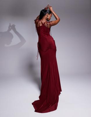 Asos Design Chiffon Mesh Evening Dress With High Low Hem In Red