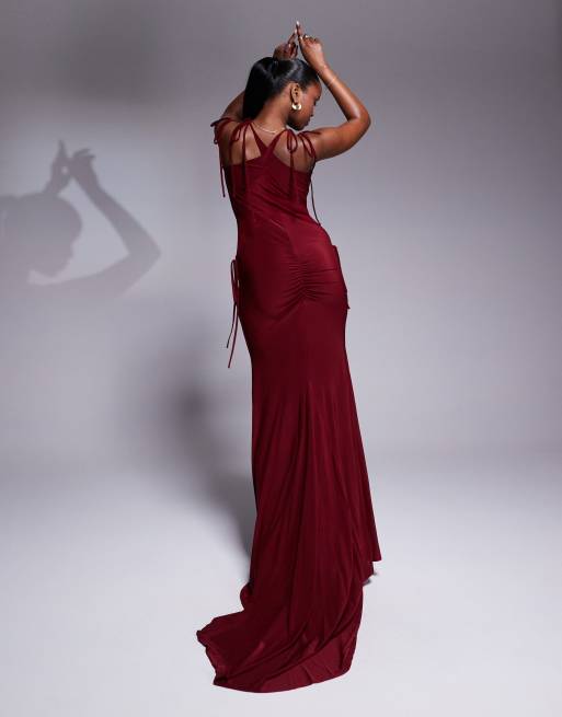ASOS DESIGN chiffon mesh evening dress with high low hem in burgundy