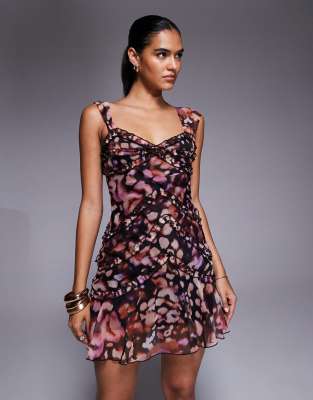 ASOS DESIGN ASOS DESIGN chiffon micro ruffle detail cami mini dress with godet skirt in abstract pink animal print-Multi