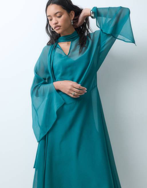 ASOS DESIGN chiffon midaxi smock dress with tie neck in teal, 2 of 4