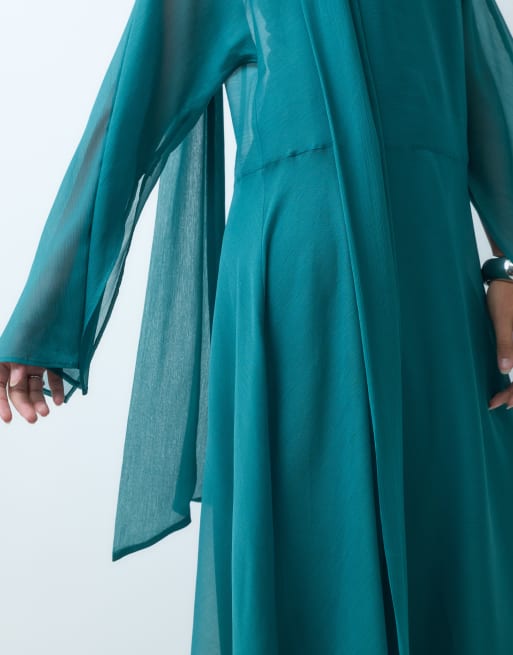 ASOS DESIGN chiffon midaxi smock dress with tie neck in teal, 4 of 4