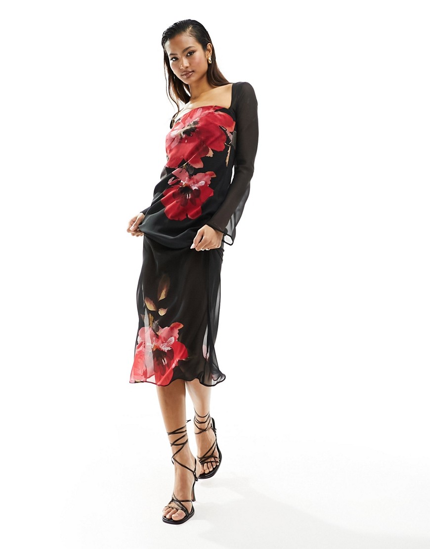 ASOS DESIGN chiffon midi dress with bolero sleeves in placement print-Multi