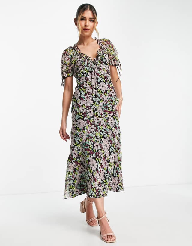 ASOS DESIGN chiffon midi dress with lace applique in floral ditsy print