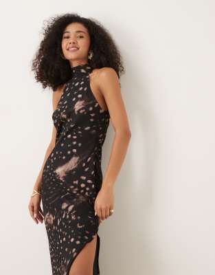 ASOS DESIGN - Chiffon midi-jurk met hoge hals en dierenprint