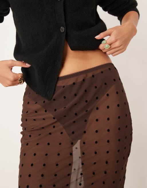 ASOS DESIGN chiffon midi skirt in brown flocked polka dots