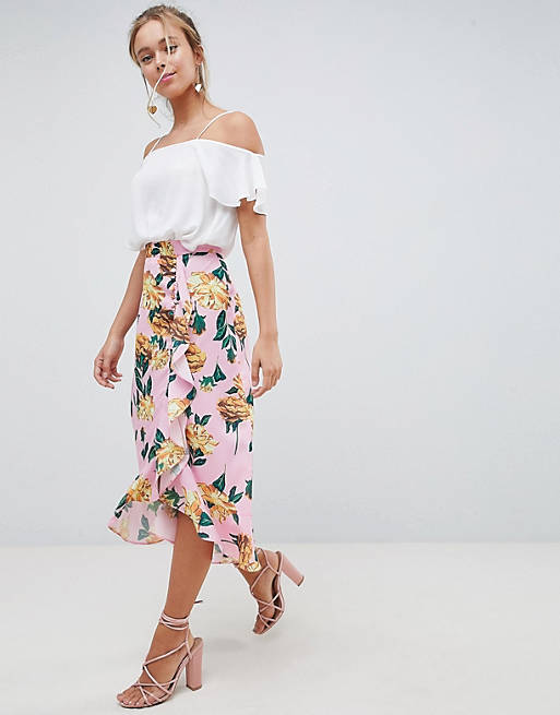 ASOS DESIGN chiffon midi skirt with button and frill detail in floral print