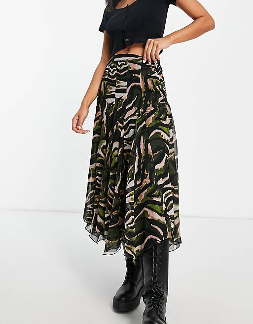 Skirts chiffon midi skirt with godet pleats in abstract animal print 