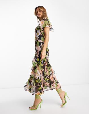 ASOS DESIGN - Chiffon-Midikleid in Schwarz mit asymmetrischer Taille, Rüschensaum und Blumenmuster-Bunt